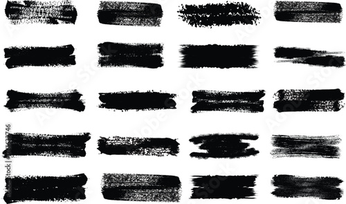 Collection of black brush stroke textures isolated on white background
