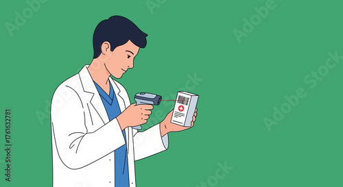Medical Professional Scanning Medication Package with Barcode Scanner.