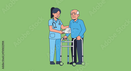 Nurse assisting elderly man with walker, providing healthcare support.