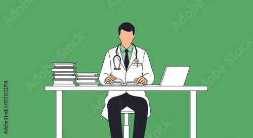 Doctor at Desk Reviewing Medical Records with Laptop and Books.
