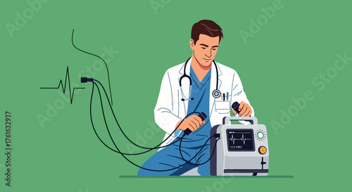 Doctor preparing electrocardiogram machine for patient examination.