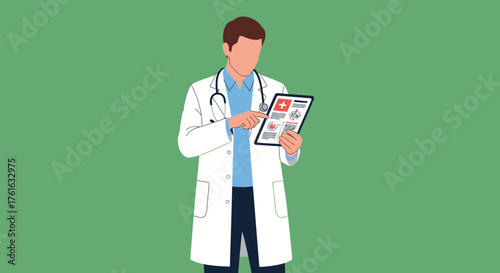 Doctor Examining Medical Chart with Stethoscope.