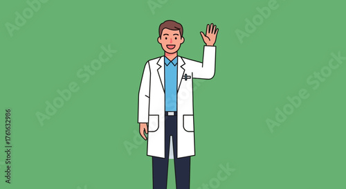 Friendly Doctor Waving Hand in a White Coat.