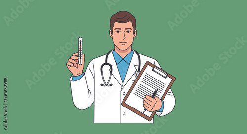 Illustration of a Doctor Holding a Thermometer and Clipboard.