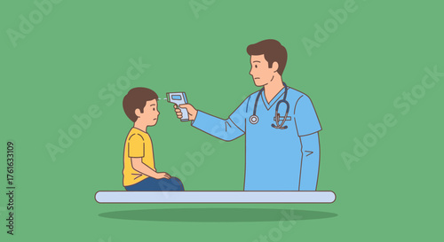 Doctor checking childs temperature with a non-contact thermometer.