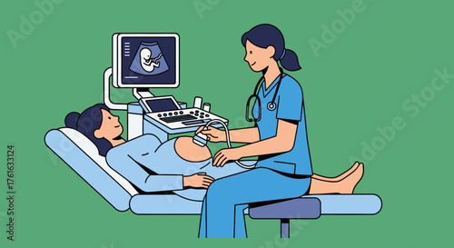Pregnant woman undergoing ultrasound examination by a healthcare professional.