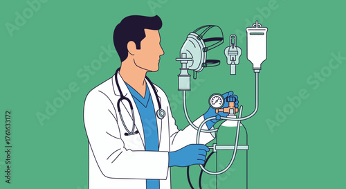 Doctor Preparing Anesthesia Equipment for Patient Care.