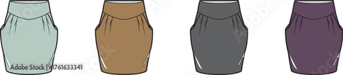 Collection of colorful high-waisted pencil skirts for fashion design. Vector illustration set of women's apparel mockups in various shades