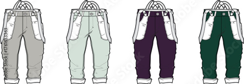 Fashion flat sketch concept showcasing various colored unisex overalls for design and apparel production development, illustrating diverse stylistic options and detailed construction