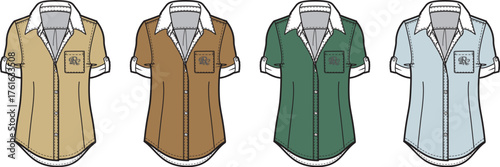 Flat vector illustrations women's short-sleeved button-up shirts. Varied colors, rolled sleeves, chest pocket for fashion design, apparel templates, and style mockups
