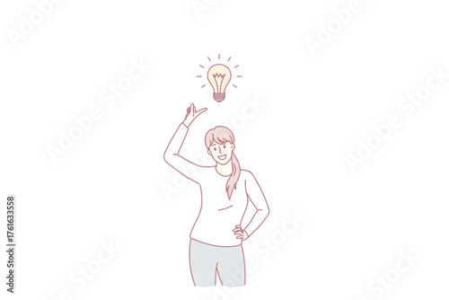 Smiling woman think brainstorm over creative idea or plan. Happy girl generate thoughts, engaged in finding solution. Creativity and innovation, problem solved concept. Flat vector illustration.