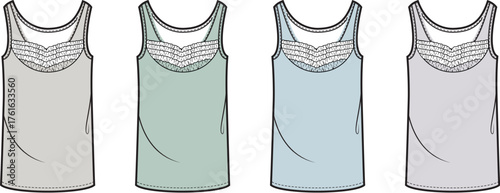 Set of women's camisole tops with lace trim in different colorways. Technical fashion flat sketch vector illustration
