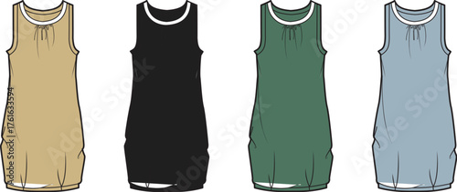 Collection of four sleeveless dresses in varying colors displayed against a white background