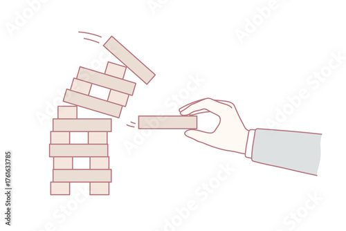 Man take wooden brick play wooden block jenga game. Businessman risk engaged in business startup or project. Male employee involved in playful activity. Mind brain train. Flat vector illustration.