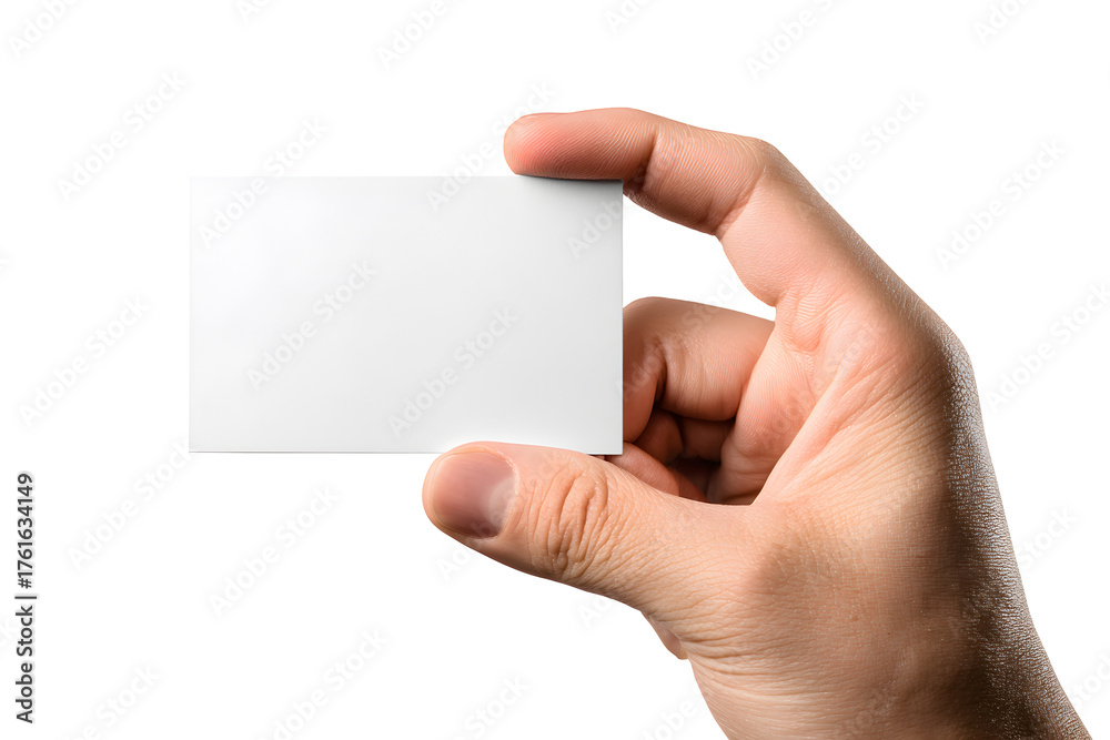 Obraz premium Hand holding blank white business card mockup, isolated on transparent background