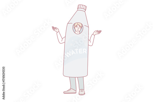 Smiling man dressed in water bottle advertise recommend healthy lifestyle. Happy male in costume in mineral aqua advertisement. Ad, body refreshment, hydration concept. Vector illustration.