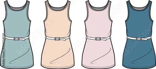 Fashion illustration of four simple tunic dresses with contrasting belts in various pastel shades