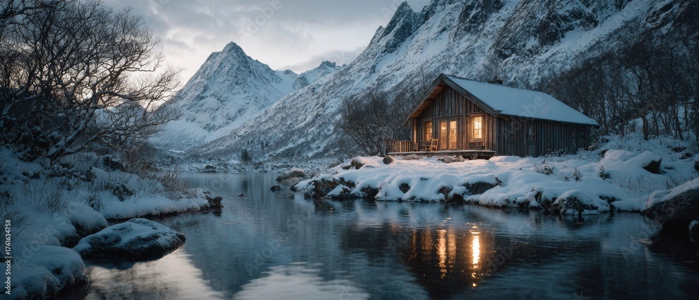 Fototapeta premium Embracing winter's charm: quietude in a frosty mountain hideaway. Vibrant expression. Harmony in nature: a rustic cabin witness to winter's arrival. Strange beauty. Fantastical figures.