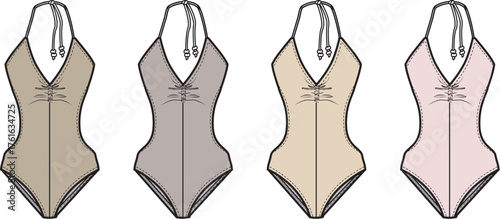 Vector illustration set of a stylish one-piece halter swimsuit with a front corset lace-up design, shown in multiple colorways for fashion design