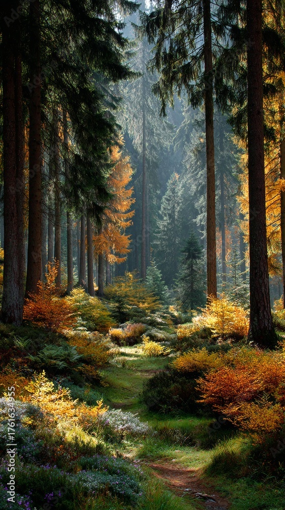 Obraz premium Golden days of fall: embracing the warmth of autumn colors. Strong contrast. Colorful leaves in autumn adorning a blurry background in the forest. Copy space. Creative poster.