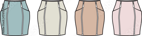 Collection of stylish short skirts in various soft pastel colors, showcasing modern women's fashion apparel designs perfect for diverse seasonal wardrobes and clothing brand concepts