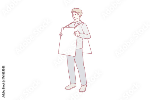 Man demonstrator with banner on body protest against discrimination or inequality. Male with poster on demonstration for social issue. Volunteer, activist concept. Flat vector illustration.