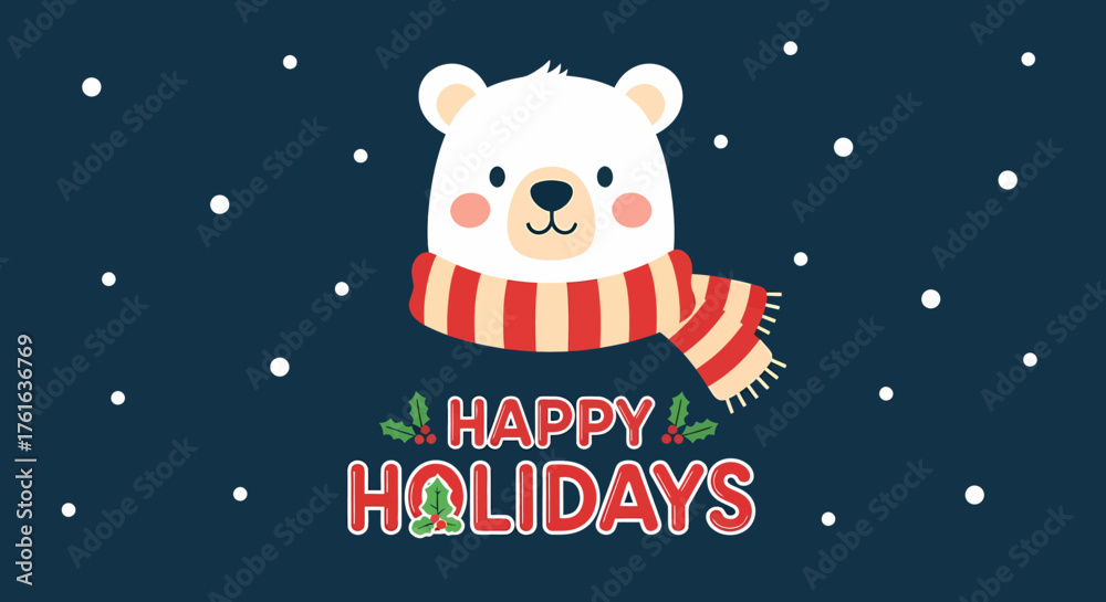 Fototapeta premium Cute polar bear wearing a scarf wishing happy holidays.
