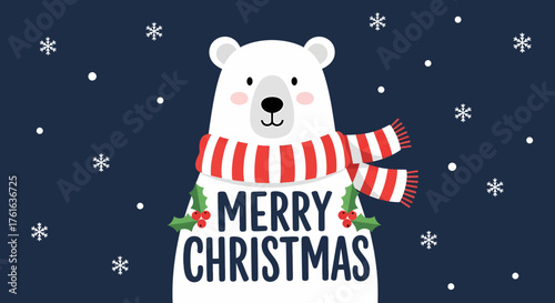Festive polar bear with Merry Christmas message and scarf.