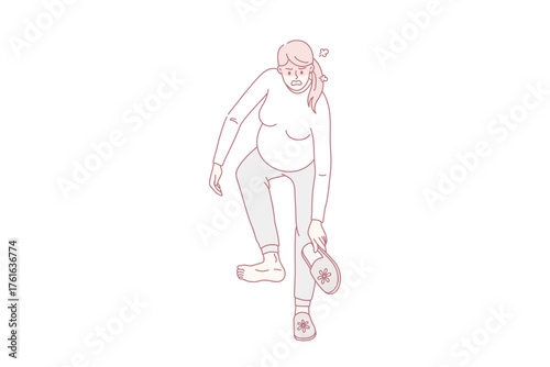 Angry pregnant woman bend with huge belly try wear sleepers. Unhappy mad mom to be suffer from last month pregnancy outcomes and problems, unable to dress. Flat vector illustration.
