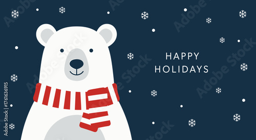 Charming Polar Bear with Striped Scarf Celebrates Happy Holidays.