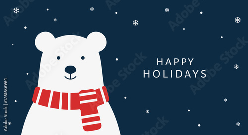 Festive Polar Bear with Red Scarf Wishing Happy Holidays.