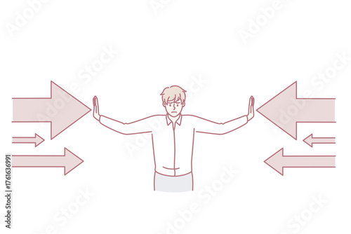 Business challenge and pressure concept. Young determined businessman cartoon character standing and defending himself from pressure both sides vector illustration