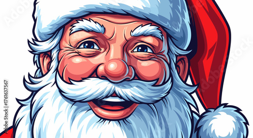 Close up portrait of a cheerful Santa Claus with a white beard and red hat.