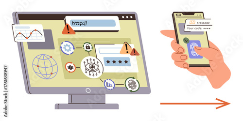Computer screen with security threats, warning icons, and login fields linked to a smartphone with two-factor authentication. Ideal for security, identity, authentication, hacking, technology