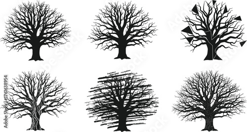 Detailed leafless tree silhouette collection, winter tree vector set, black and white nature illustration, barren tree design, realistic forest silhouette art