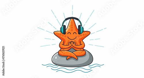 Starfish meditating on a rock listening to music with headphones and smiling.