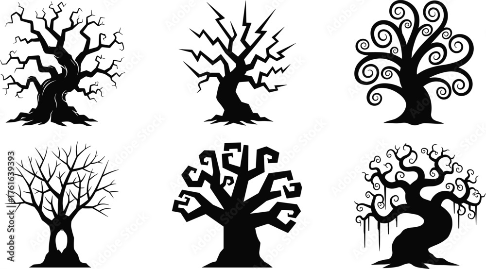 Set of spooky twisted tree silhouettes isolated on white background, creepy forest vector illustration, Halloween tree design, scary nature shapes