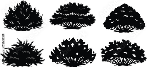 Set of six bush and shrub silhouettes, dense foliage plant vector collection, isolated black garden vegetation shapes for landscaping, nature design