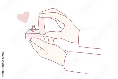 Man hold jewelry box with ring make marriage proposition to woman lover. Male do engagement offer to beloved girl. Newlywed, getting married concept. Will you marry me. Flat vector illustration.
