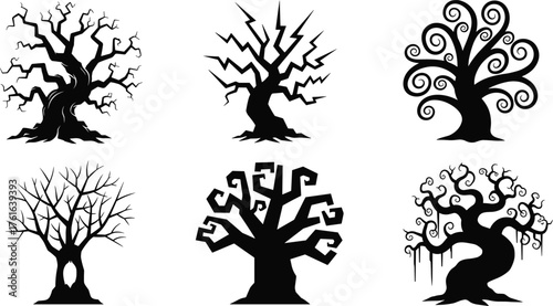 Set of spooky twisted tree silhouettes isolated on white background, creepy forest vector illustration, Halloween tree design, scary nature shapes