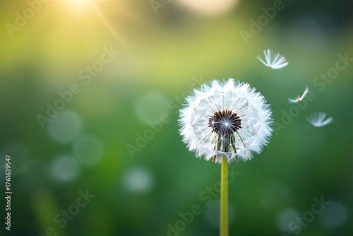 Ethereal Dandelion Seeds Floating on a Gentle Breeze, Soft White, Blurred Background, Spring Nature Photography