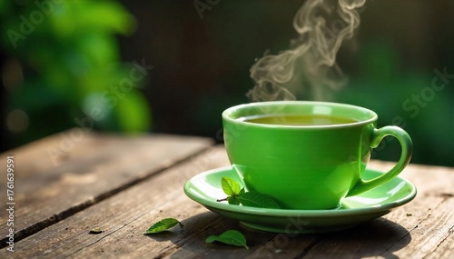 Steaming Cup of Green Tea on Rustic Wood Close-up Image Perfect for Relaxation and Wellness Themes