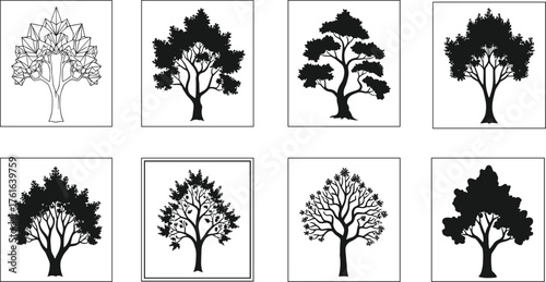 Tree silhouette vector collection, natural forest illustration, botanical design elements set, black and white tree artwork, nature graphic template, 