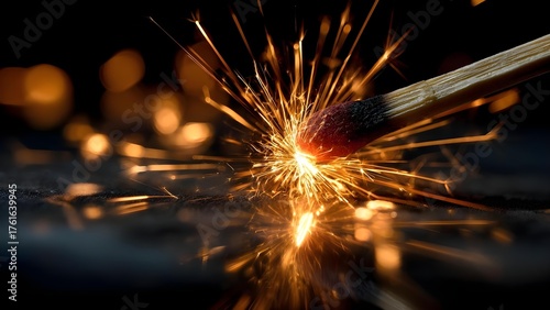 Close-up of a burning match striking, orange sparks flying as the head ignites, reflected on a dark surface. Concept Macro shot of a burning match, orange sparks flying, head ignites with glow