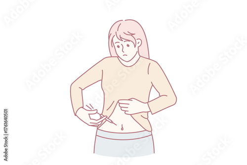 Sick woman make insulin injection in belly suffer from diabetes. Unhealthy unwell female apply inject medication with syringe. Healthcare concept. Vector illustration, cartoon character.
