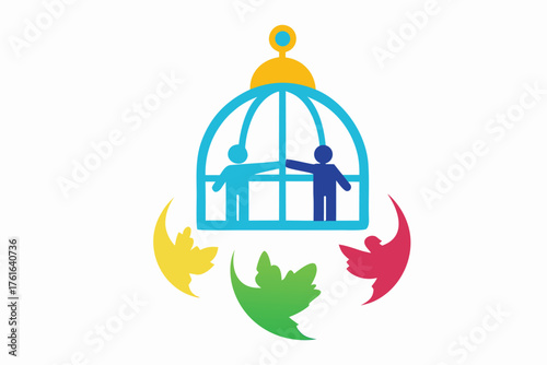 Open Birdcage Releasing Paper People Around Earth Concept Vector