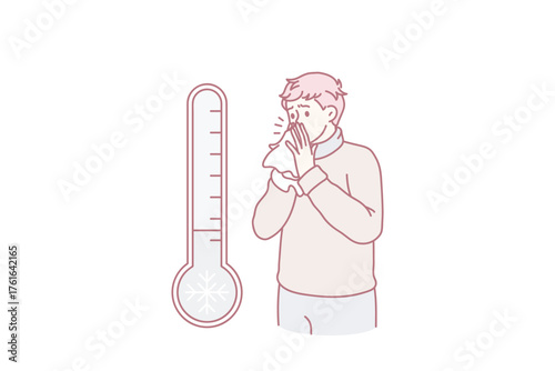 Unhealthy man blow running nose suffer from cold or fever due to cold winter outside temperature. Unwell sick male struggle with seasonal influenza or covid-19. Healthcare. Vector illustration.