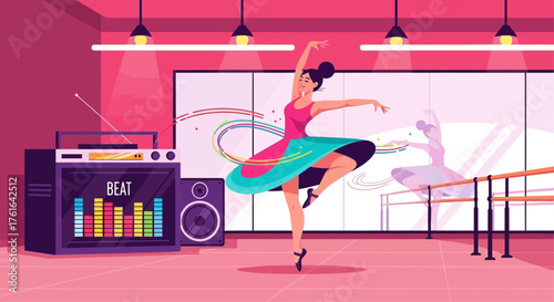 Graceful ballerina performing with energetic rhythm in bright studio setting