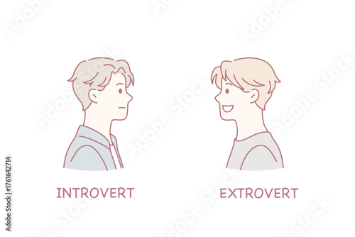 Being introvert or extrovert concept. Young serious boy introvert and smiling boy extrovert standing opposite each other with lettering vector illustration