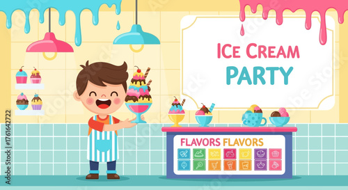 Delightful illustration of a happy child hosting an ice cream party in his store